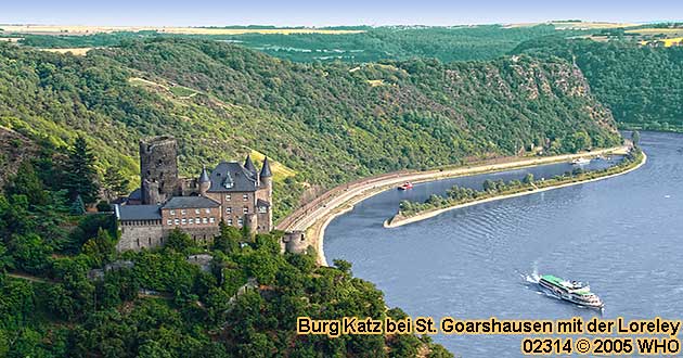 Burg Katz bei St. Goarshausen mit der Loreley, Rhein, Rheintal, Mittelrhein
