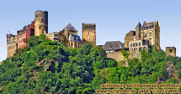 Schnburg bei Oberwesel am Rhein. Blick von Osten vom Rheinufer.