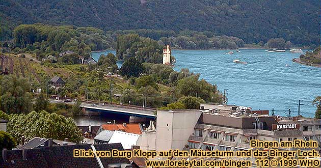 Blick von der Burg Klopp auf den Mäuseturm bei Bingen am Rhein