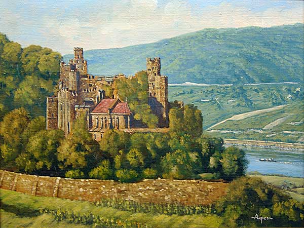 Burg Reichenstein bei Trechtingshausen am Rhein, Ölgemälde von Donald Ayres, Privatsammlung