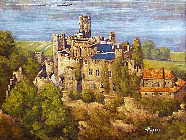 Burg Reichenstein bei Trechtingshausen am Rhein, Ölgemälde von Donald Ayres, Privatsammlung