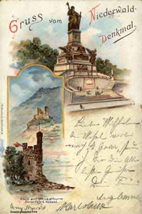 Alte Ansichtskarte vom Niederwalddenkmal, am 4. 6. 1907 verschickt. Loreley-Galerie, Oberwesel